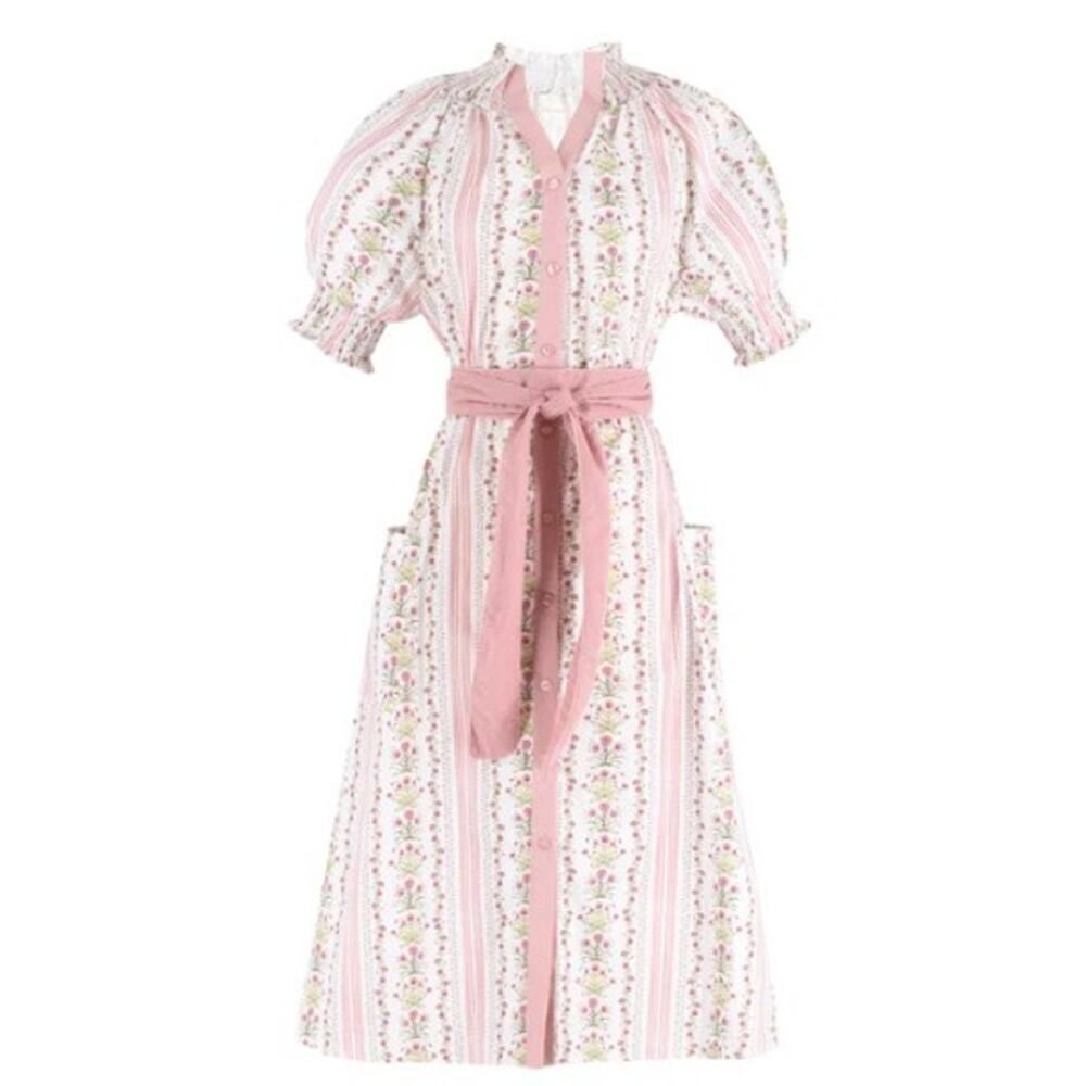 Floral Pink Stripe Midi Dress with Sash